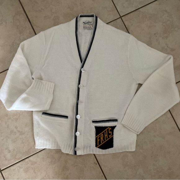 White Cardigan Sweater with Black Trim